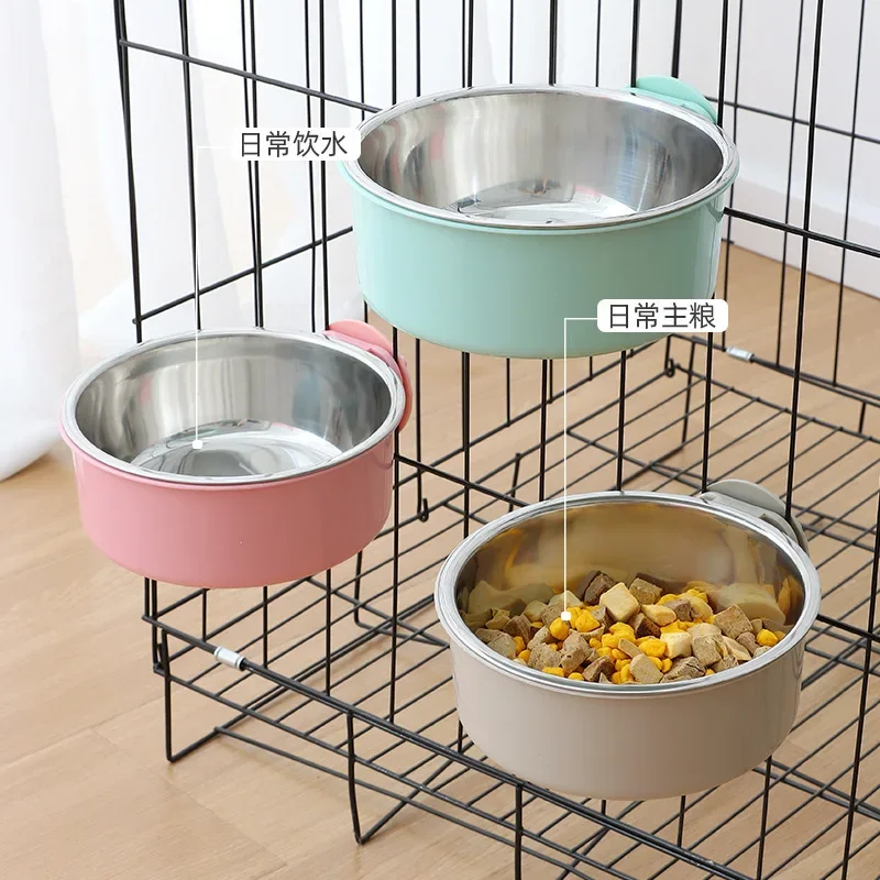 Pet Food Bowl Hanging Stainless Steel Bowl Dogs Cats The 2-in-1 design is detachable Supplies Fixed Cat Bowl Crate Drinking