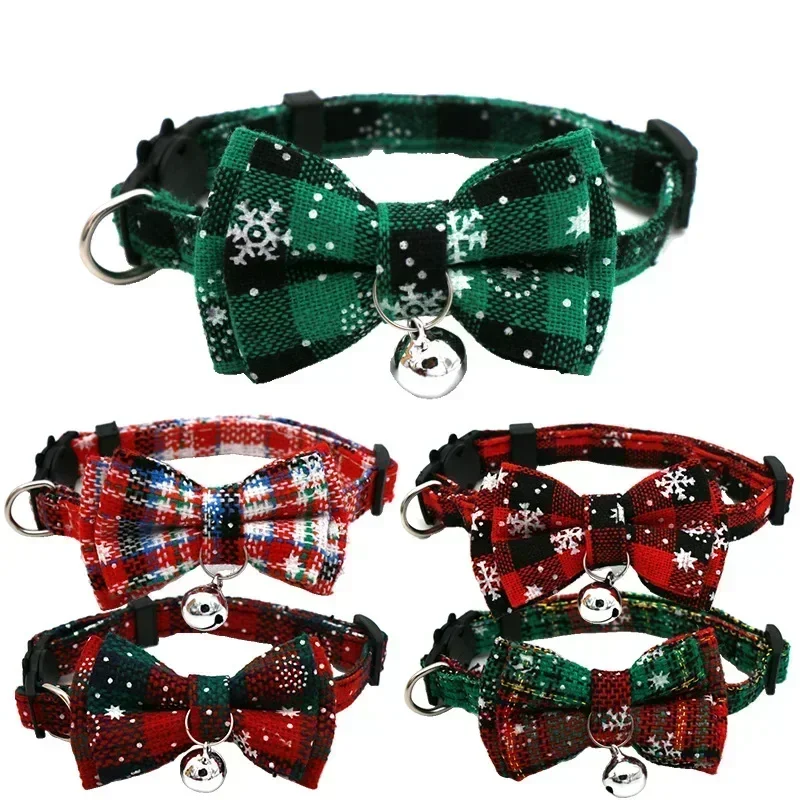 

Christmas Bowknot Cat Small Dog Collar with Bell Plaid Snowflake Adjustable Breakaway Pet Puppy Kitten Safety Buckle Necklace