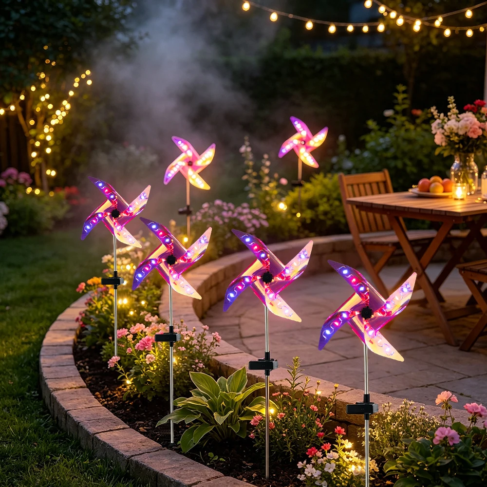 2pcs LED Solar Windmill Ground Light Outdoor, Solar Garden Lights with 4 Colors light Ground-Insertion Windmill Landscape Lights