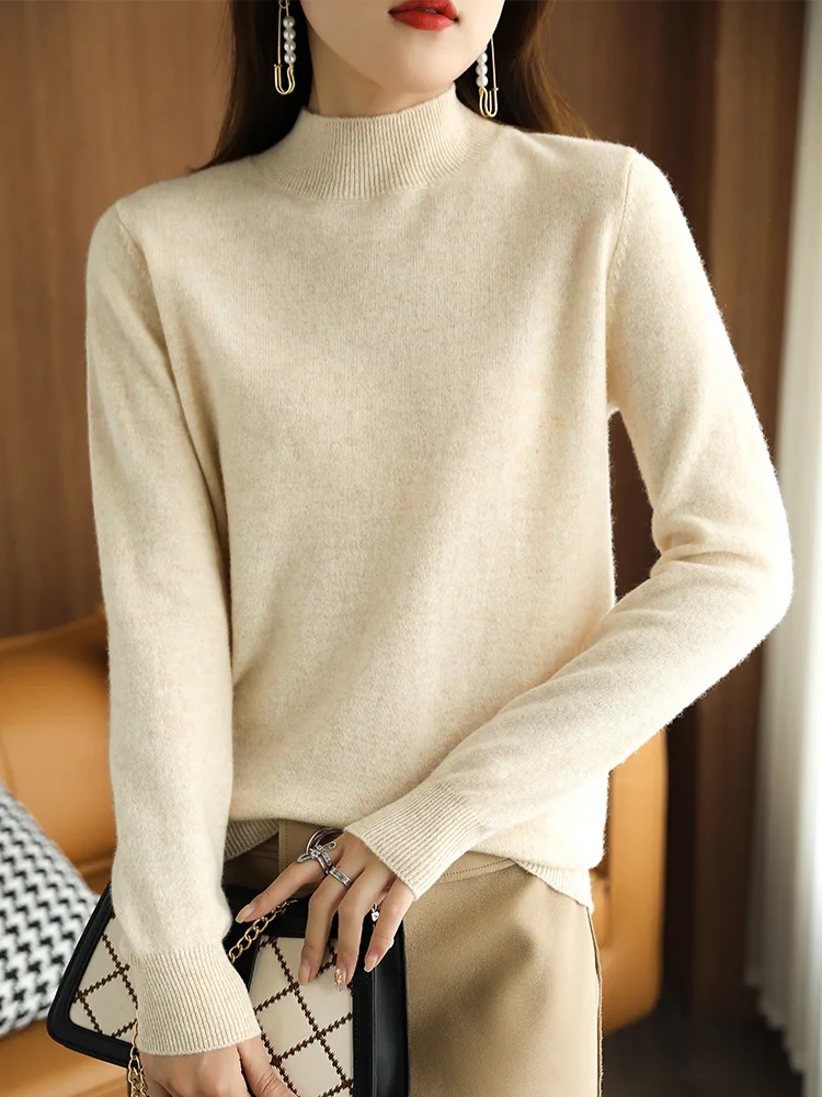 

2024 New Autumn Women Merino Wool Knitwear Sweater Long Sleeved Mock Neck Solid Color Pullover Casual Classic style Tops