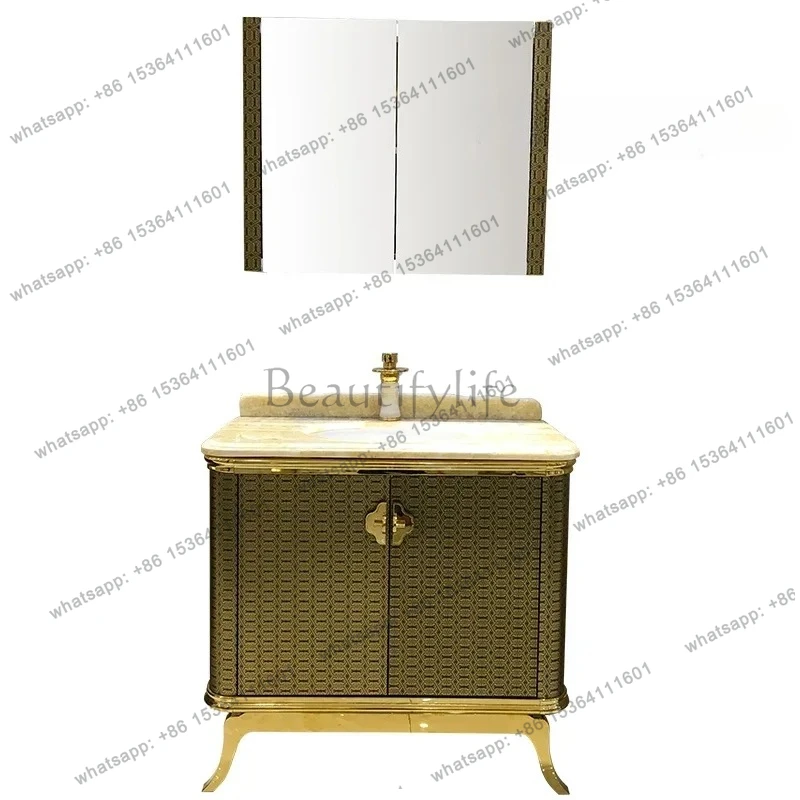 

LXCombinazione di mobili da bagno neoclassici lavabo in acciaio inossidabile con specchio in marmo naturale completo