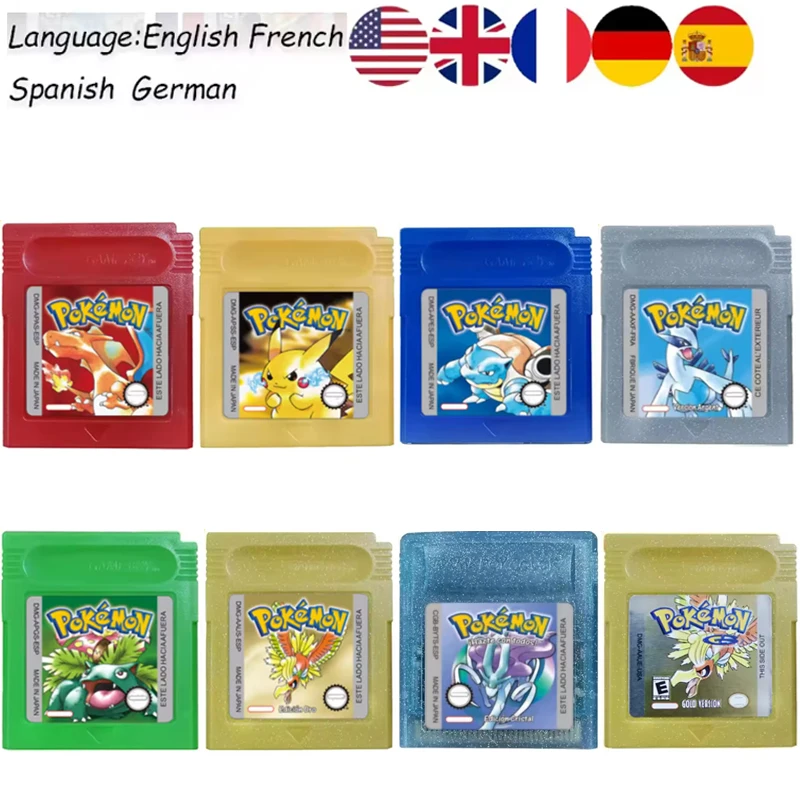 Wholesale ^^21 Styles Pokémon 16-Bit GBC Game Cartridge Red Blue Green Gold Silver Crystal French/Spanish/German/English Version