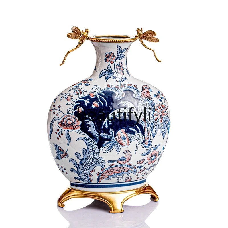 

European court style ceramic inlaid copper soft dragonfly painted vase creative oval luxury handicraft ornament