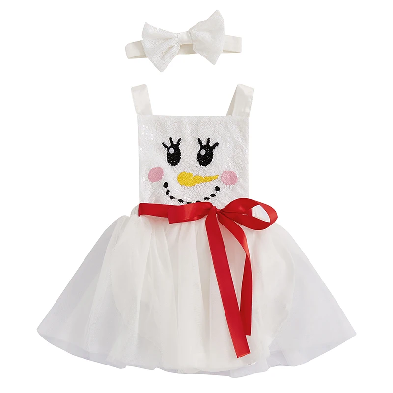 Baby Girl 2Pcs Christmas Outfits Glitter Sequin Long Sleeve Snowman Bodysuit with Headband Set Infant Clothes