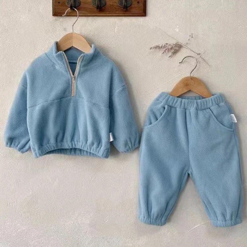 

Girls Boys Coats+Pants 2Pcs Sports Suits Solid Color Thicken Fleece Warm Toddler Casual Tracksuit Winter Baby Clothes Sets