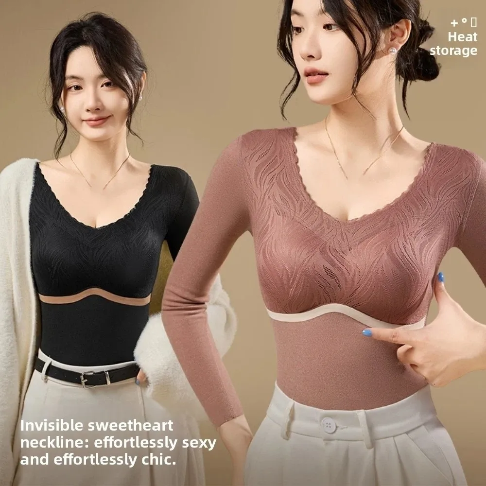 

Large Size Women Thermal Clothes Warm Tops Velvet Fleece Thermal Underwear Invisible U Round Neck Warmth Long Tops Autumn/Winter