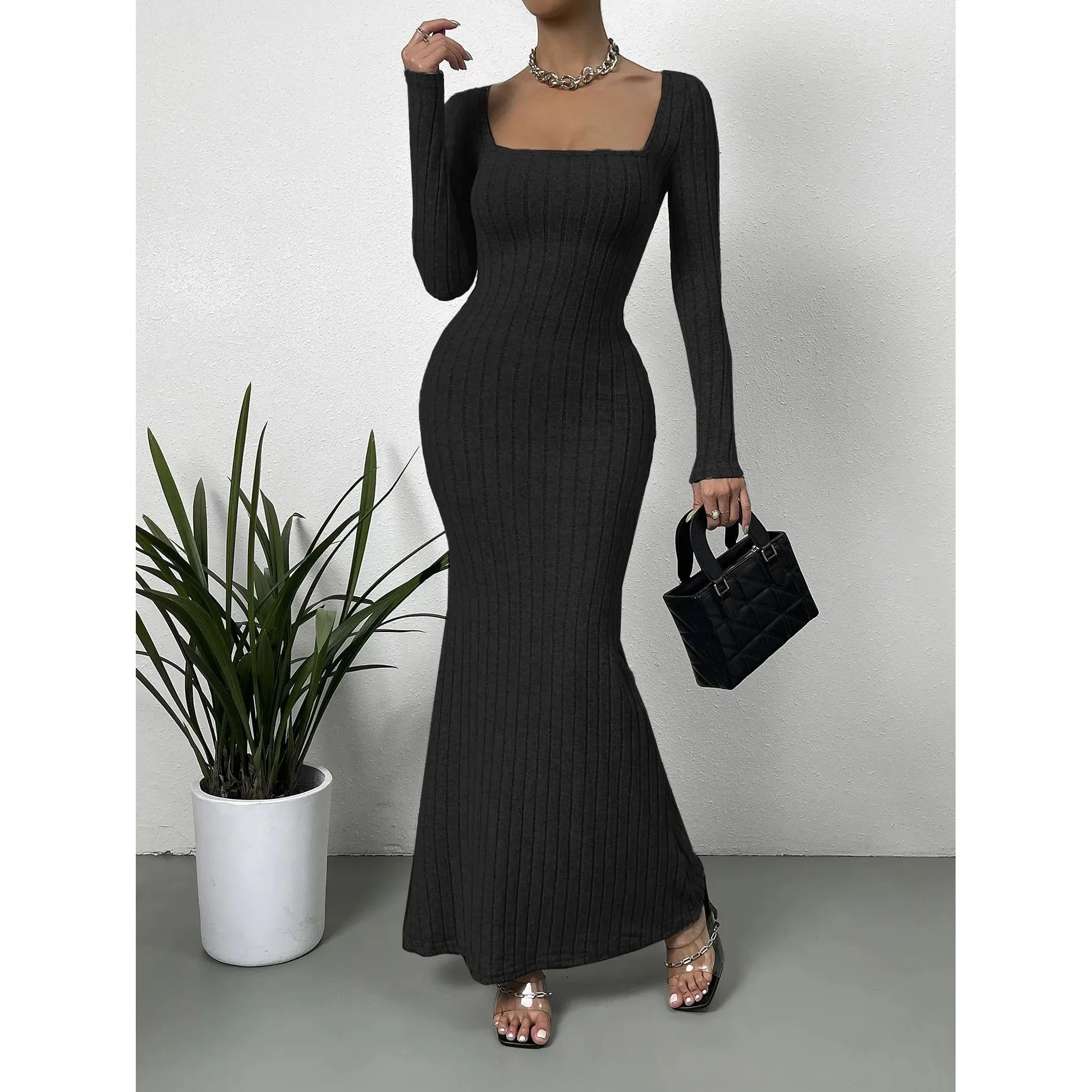 

Сексуальное квадратное трикотажное платье средней длины, женское нижнее белье, модное женское платье, весенний сезон, другие материалы 00%