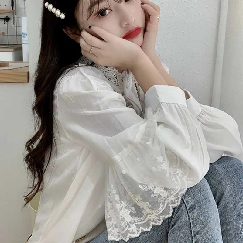 Fashion Ruffled Autumn Lace Up Women Blouses Stand Collar Ladies Tops Vintage Lace Shirts Korean Sweet Loose Clothes Women 11335