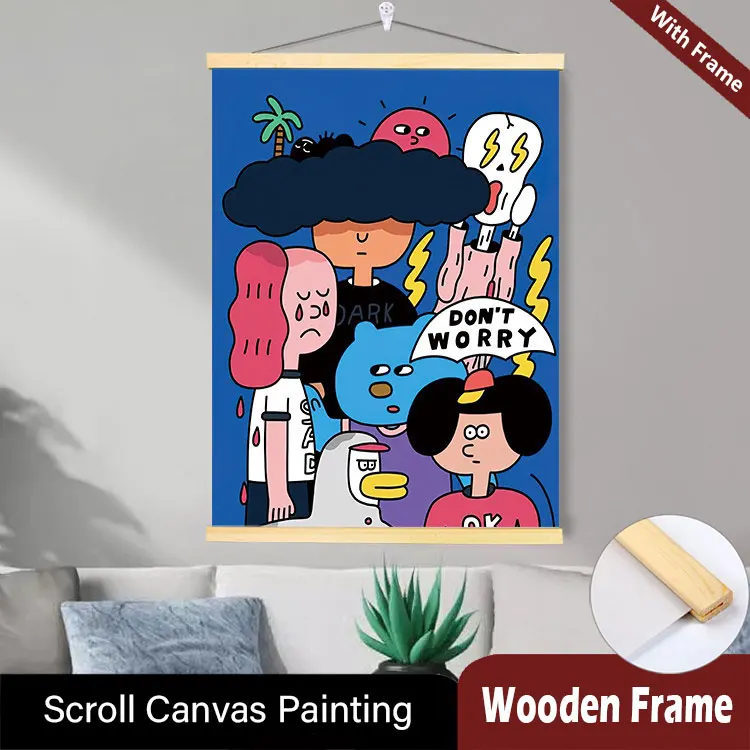 

Korean Funny Illustration Ins Style Cute Cartoon Wood Hanging Scroll Painting Posters Wall Art for Cafe Shop Kids Room Decor
