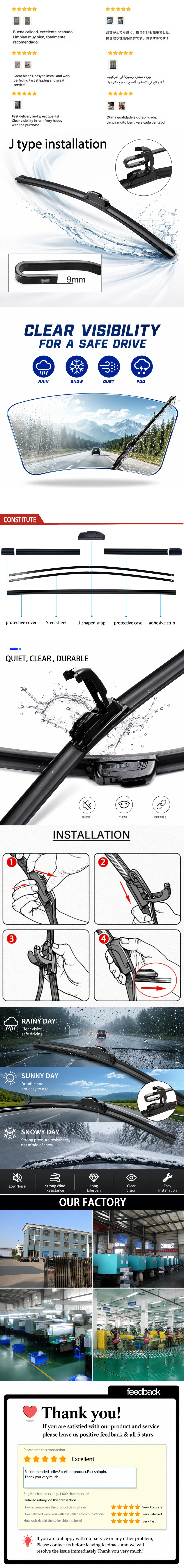 Für Mitsubishi Eclipse Cross 2017-2019, 2 Stück Auto-Frontscheibenwischer, U-förmig, weicher Gummi, knochenloser Wischer, HD, geräuscharm, langlebig, 24"+20" – Detail 2