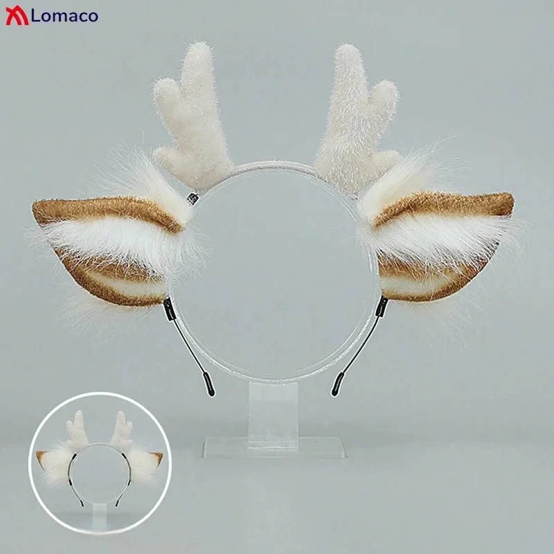 CyPlush повязка на голову с рогами оленя, искусственный мех, повязка на голову с ушками оленя, маскарад, рождественская вечеринка, реквизит для косплея, пушистый аксессуар для волос