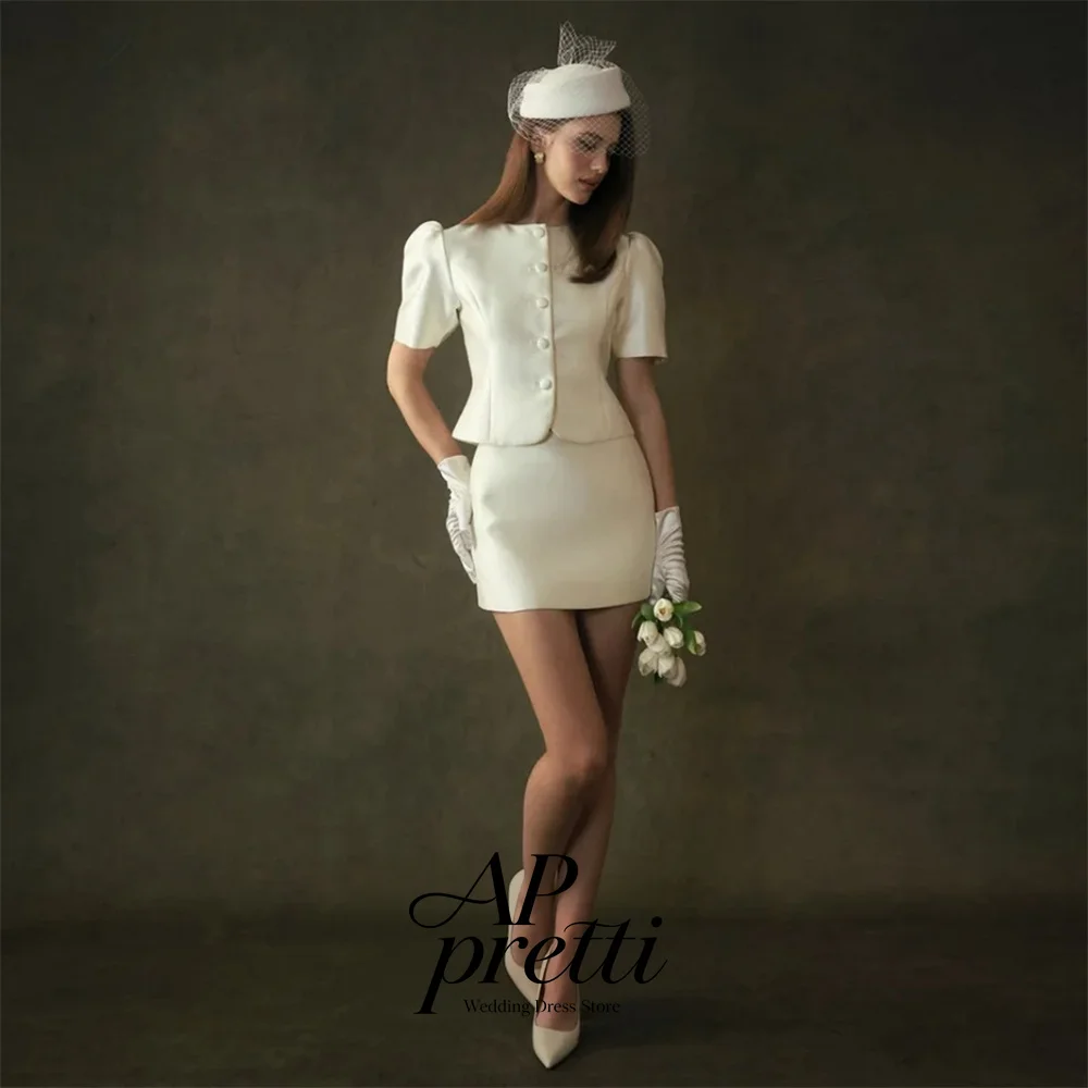 AP pretti 2026 Customized Classic O-Neck Short Puff Sleeve Bridal Gown Satin Two‑Piece Button Mini Wedding Dresses For Woman