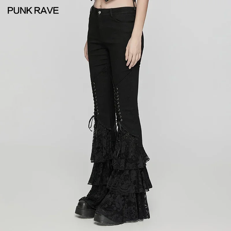 PUNK RAVE Women\'s Gothic Low Waist Twill Jeans V-shaped Drawstring Design Mermaid Tail Coolness Sexiness Personalized Trousers