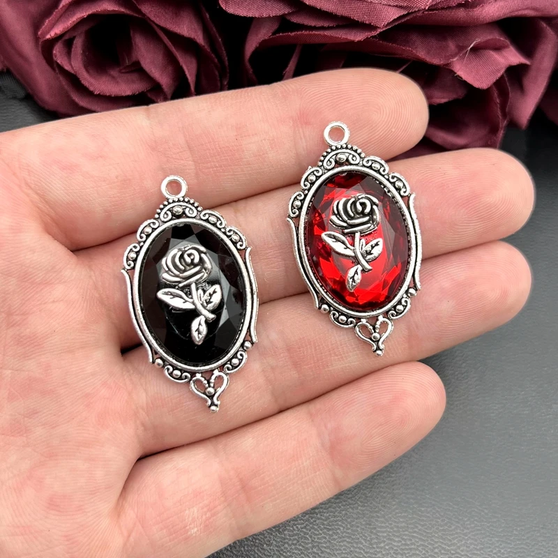 5pcs 42*23mm Gothic Red and Black Crystal Rose with Frame Embossed Accessories DIY Crafts Making Charm Pendant Jewelry Making