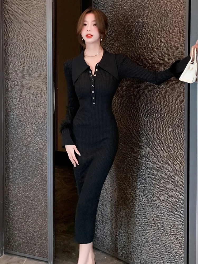 

Spring and Autumn Fashion Elegant Knitted Women's Medium Long Sleeve Dress Single Breasted Hip Dress Solid Color Slim Dresses