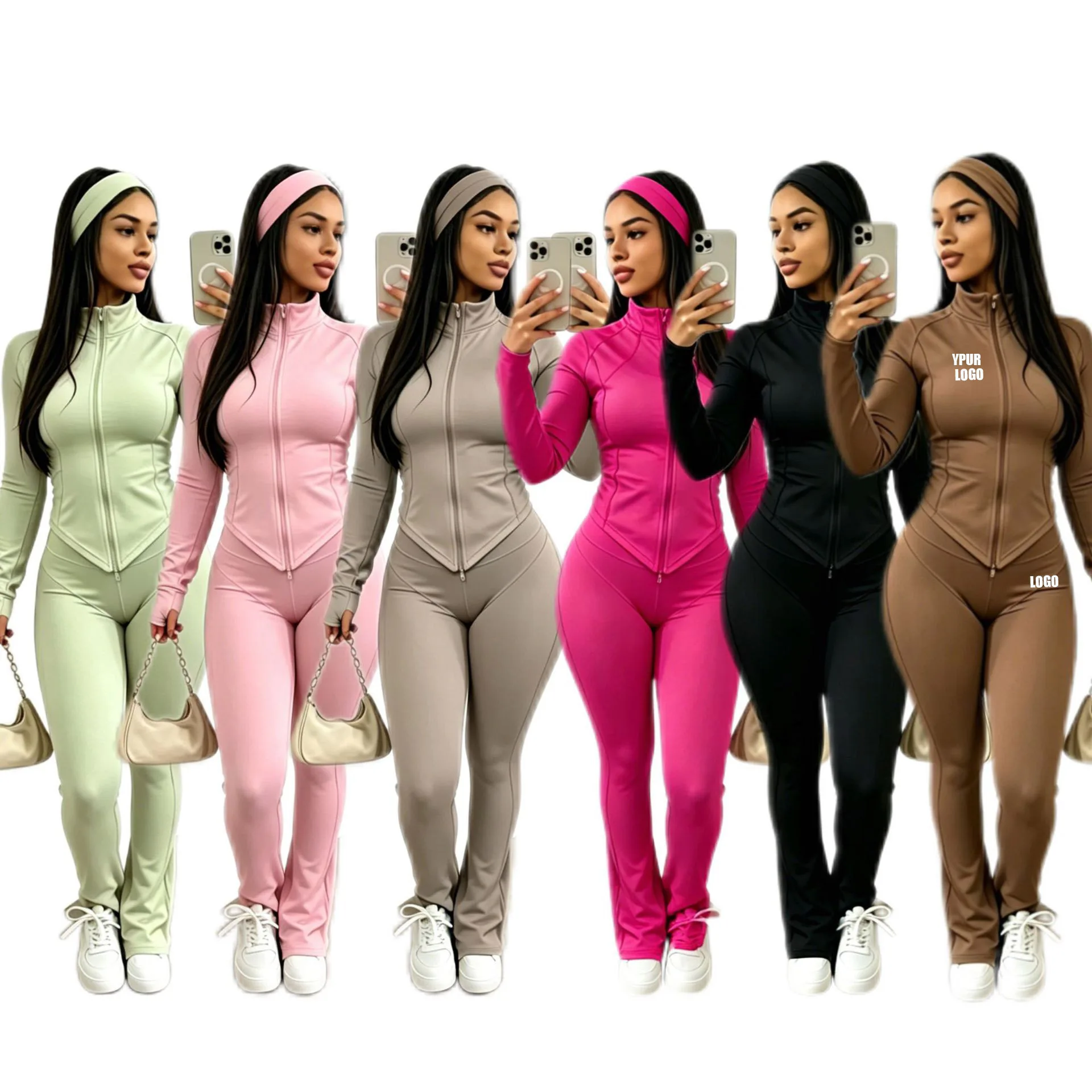 Pers LOGO custom women's sexy tight long-sleeved micro-horn trousers fashion casual sports three-piece set (including headscarf)