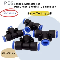 50/200PCS PEG 3-Way T-Shaped Pneumatic Fittings, 4mm 6mm 8mm 10mm 12mm OD Hose Tube Push-In Air Gas Quick Connectors