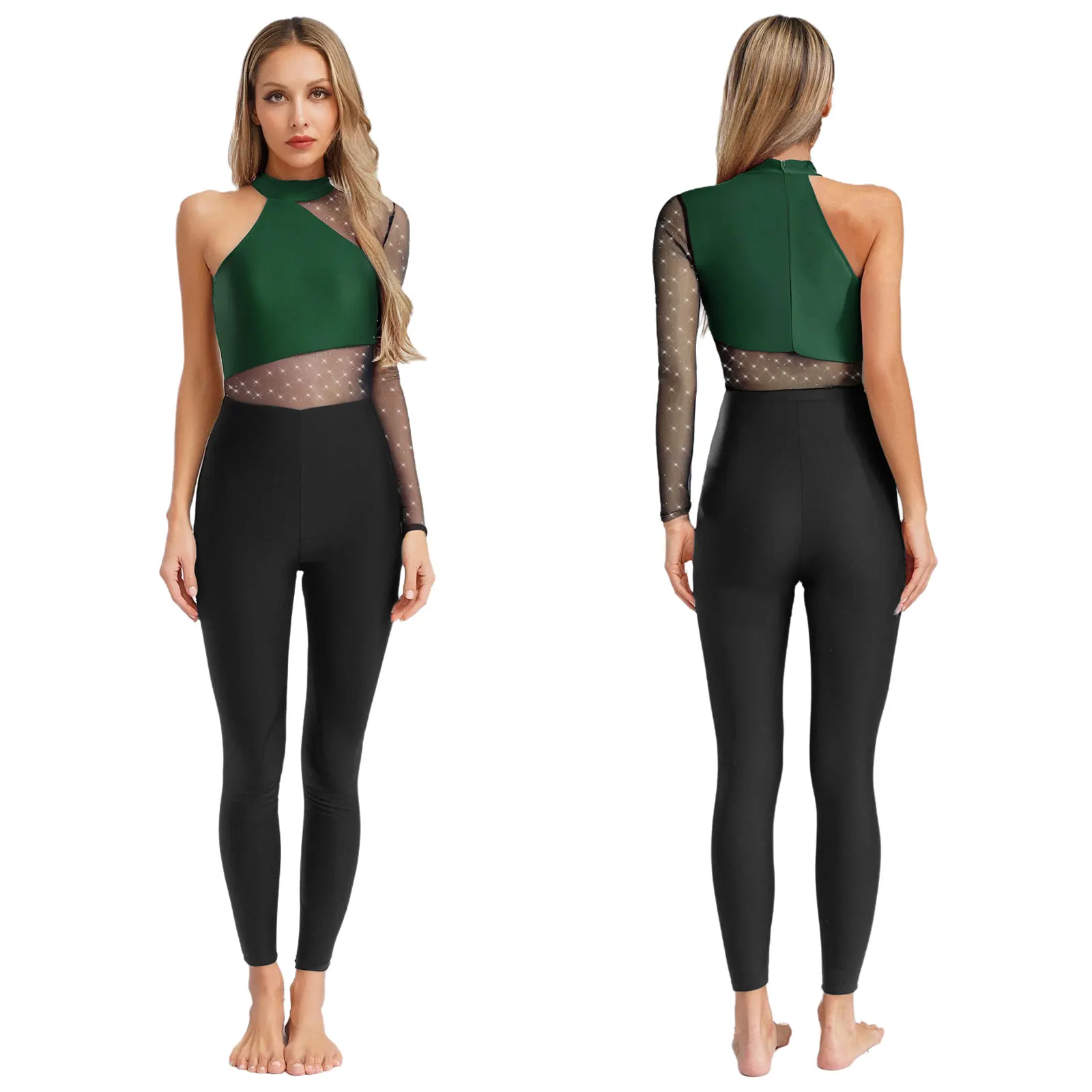 

Women Dance Jumpsuits for Gymnastics Figure Skating Glittery Rhinestones One Shoulder Bodysuit Ballet Dance Performance Costumes