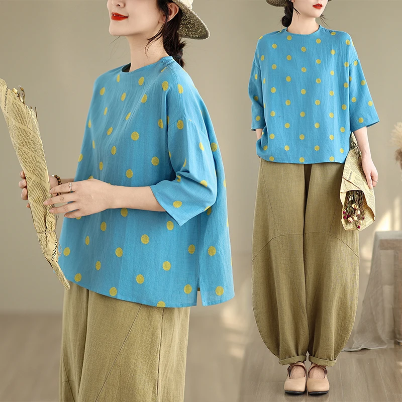 

Simple round Ne Printed Linen irt Loose Fit Breathable Summer Top Women's ort Sve T-irt Casual Basic Design