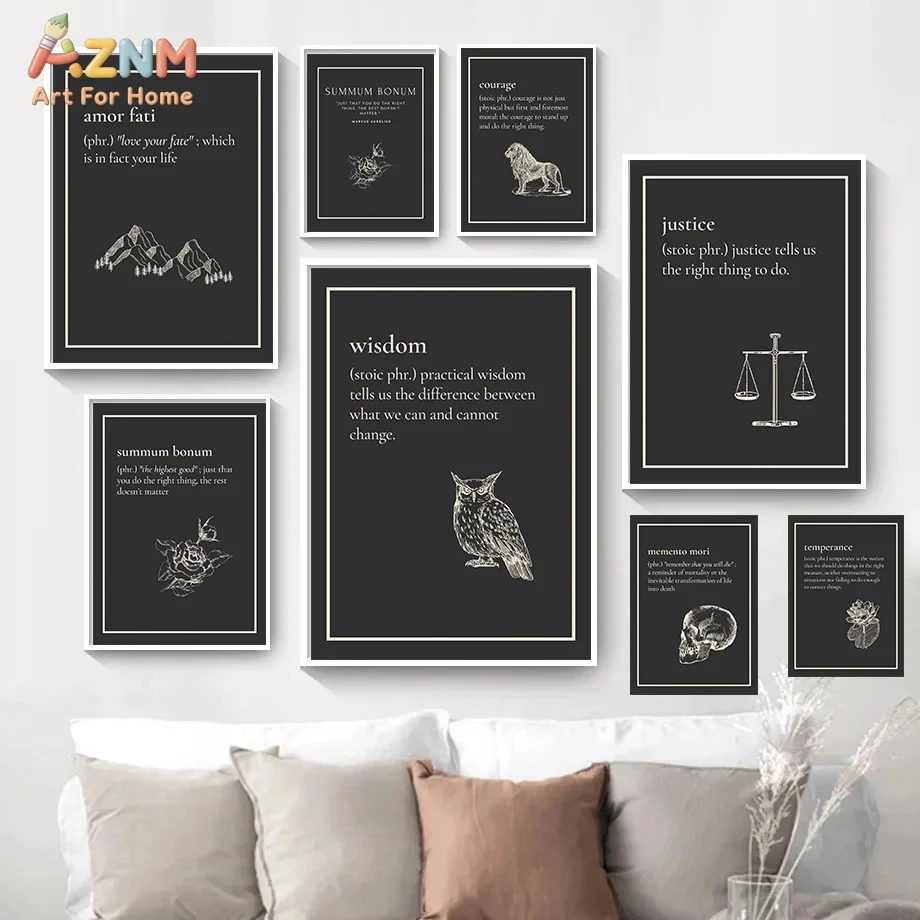 AZNM Stoic Philosophy Quote Canvas Wall Art Black White Wisdom Courage Justice Memento Mori Owl Skull Print Unframed Canvas Mini