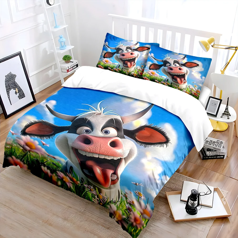 Cartoon cow in cheerful meadow Pattern Duvet Cover Set Digital Print Colorful Polyester Bedding with Zipper Closur for kids gift