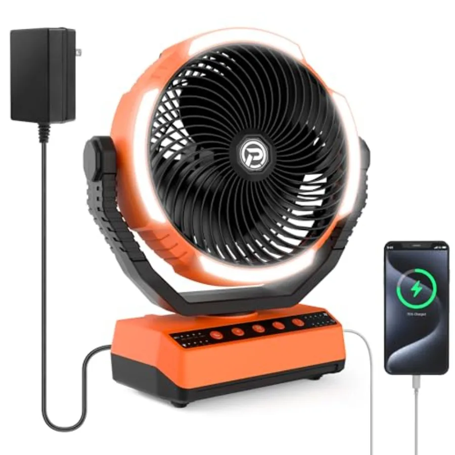 

Camping Fan with Light - 20000mAh Rechargeable Battery Fan with Charger 70Hrs Cooling Time 4 Speeds 110° Auto Oscillation and 2