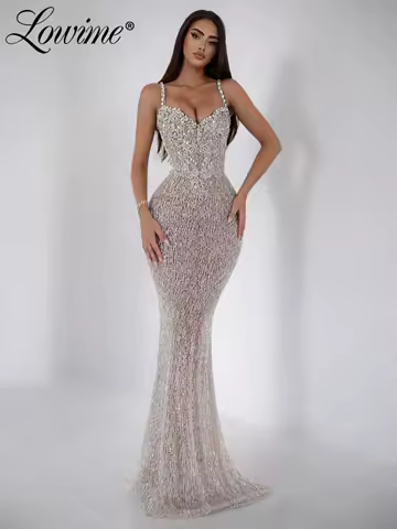 Nude Champagne Silver Party Dresses Glitter Beaded Spaghetti Straps Women Evening Dress Spaghetti Straps Prom Dress Customized