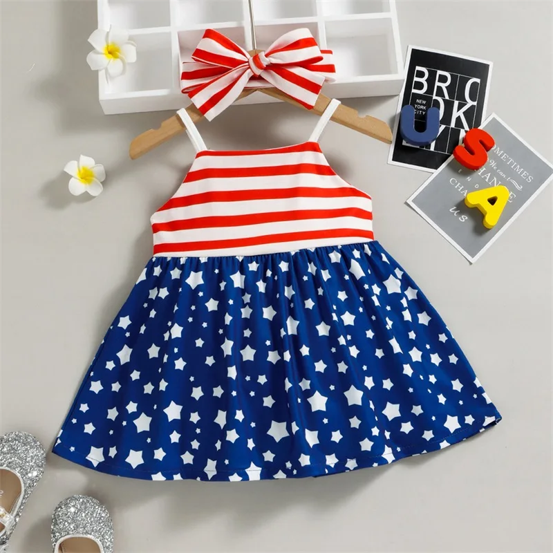 Children s Patriotic Dress Set with Striped Star Print Sleeveless Sling Dress Bow Headband - Fourth of July Outfit