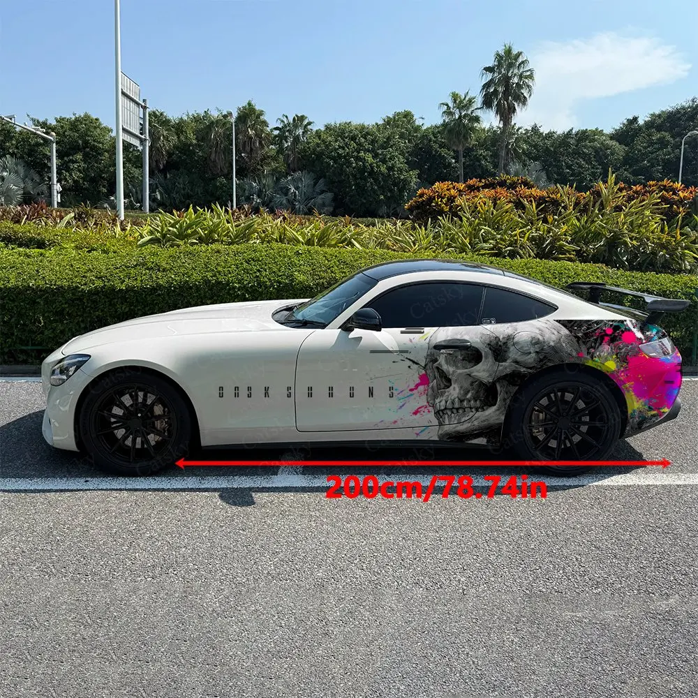 2pcs Graffiti Splatter Skull in Neon Car Side Wraps, Self-Adhesive PVC Waterproof & Scratch-Resistant Stickers, Car Accessory
