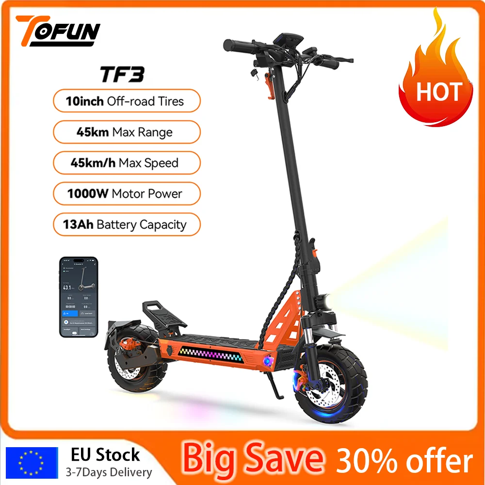 TOFUN TF3 Scooter électrique 1000W moteur 48V13Ah batterie adulte Sport route montagne e-scooter 10 pouces pneus neige pliable EScooter