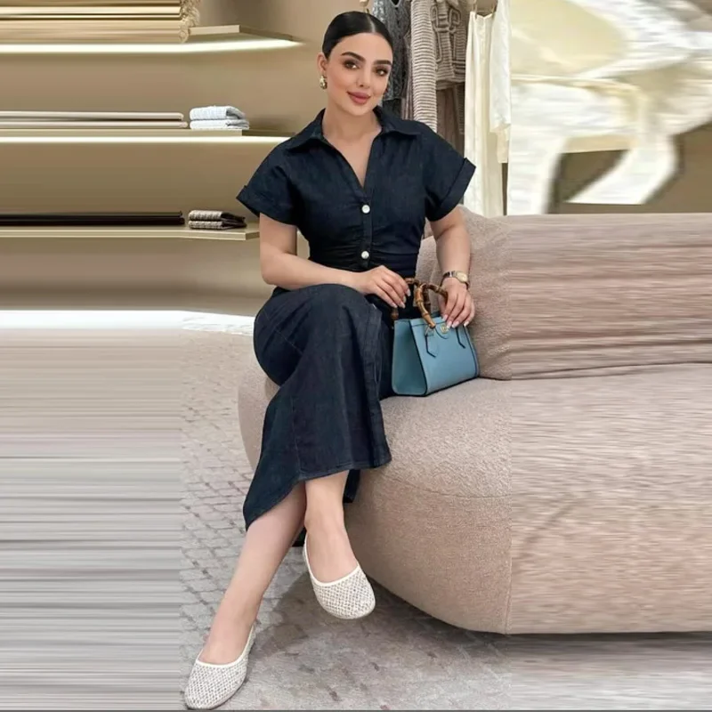 レディースデニムワンピース 夏 2025 ボタン ボディコン ブルー ドレス ラッフル バットウィングスリーブ ロングドレス シック カジュアル ビーチ ワンピース 066