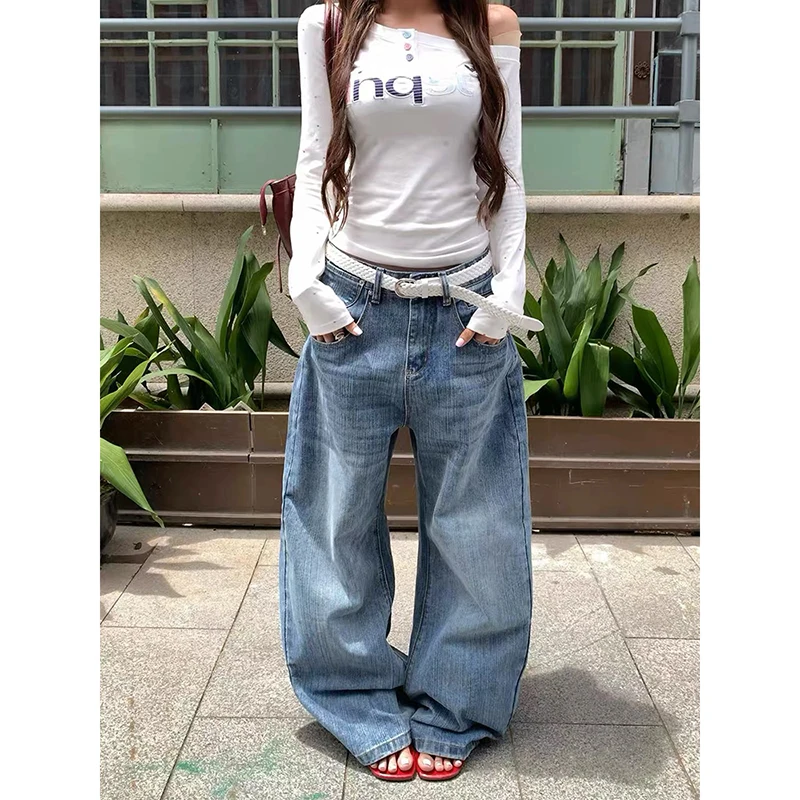 YIBASHU Women's Blue Gothic Y2k Gyaru Rivet Baggy Jeans Oversize Denim Trousers Vintage Harajuku American Wide Leg Jeans Pants