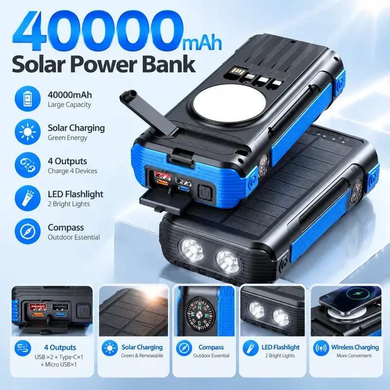 New 40000mAh Portable Solar Hand Crank Power Bank with Built-in Compass Four Cables LED Light Outdoor Charger for iPhone