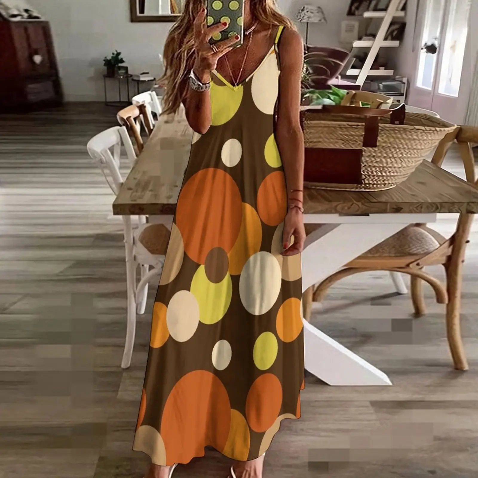 Big 70s polka dots brown Sleeveless Long Dress Female clothing luxury women's party dress evening prom Long dress