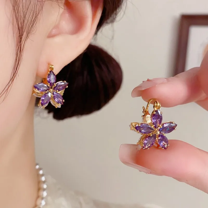 

Fashion Celebrity Purple 5A Zircon Diamonds Gemstones Flowers Clip On Earrings for Women Ladies' Exquisite Jewelry Birthday Gift