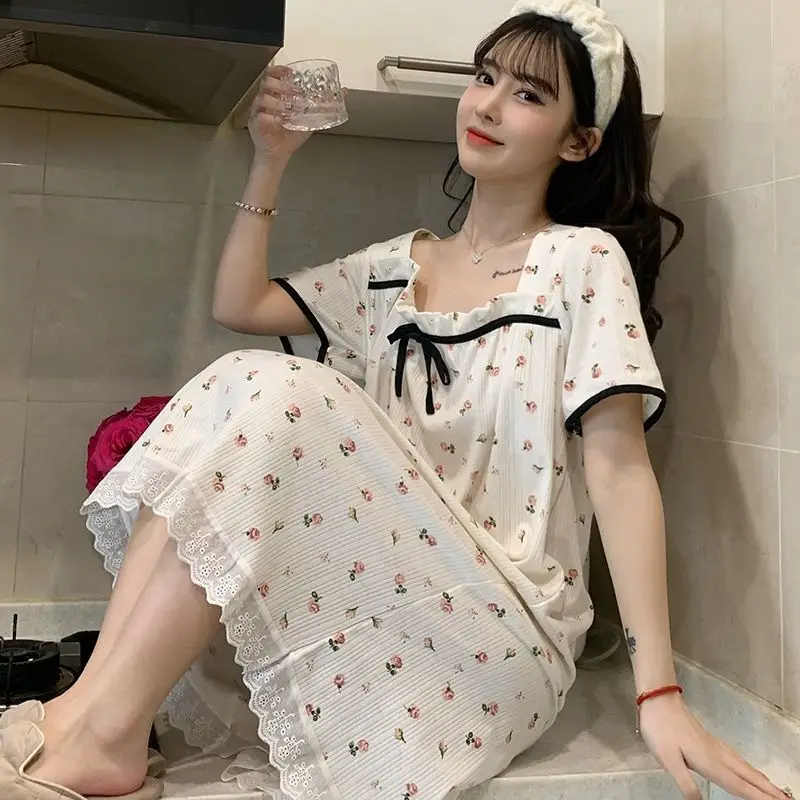 

Nightgown Summer Korean Version of Lace Short-sleeved Mid-length Princess Cute New Pajamas Home Clothes Nighties for Womens Lady