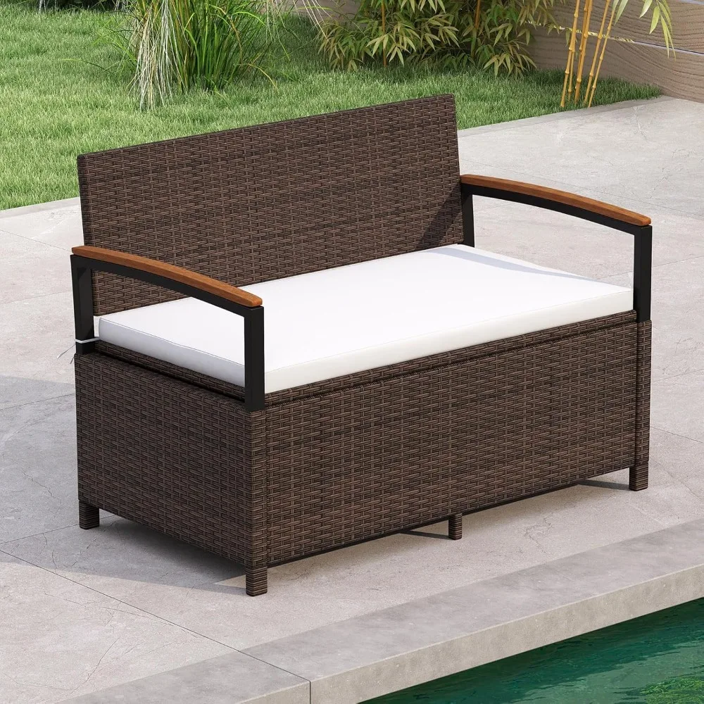 

Wicker Outdoor Storage Bench, Rattan Deck Box w/Protective Liner for Patio Furniture Pillows, Pool Supplies & Garden Tools