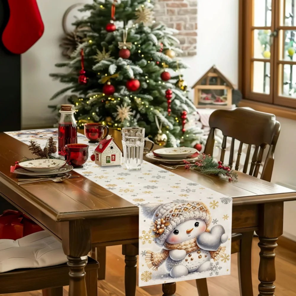 1pc Festive Snowman & Golden Floral Snowflake Christmas Table Runner -Ideal for Kitchen & Dining Room Holiday Decor