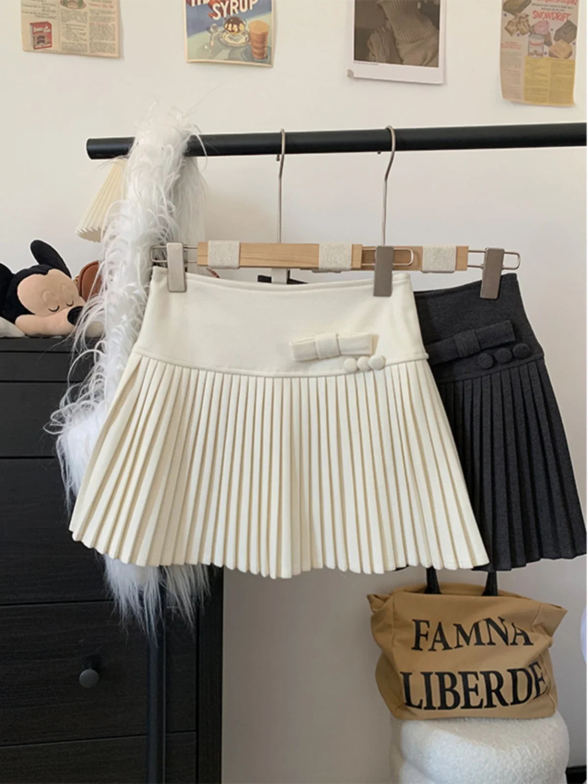 

plus Size High Waist A-Line Skirt with Bow Tie Woolen Spring New Style Versatile Slimming Women's Fashion Short Skirt