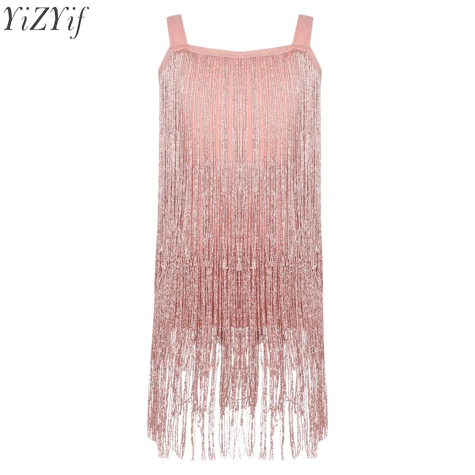 

Kids Girls Latin Jazz Dance Dress Tiered Fringe Sleeveless Shimmering Tassel Skirted Dresses for Dance Party Stage Performance