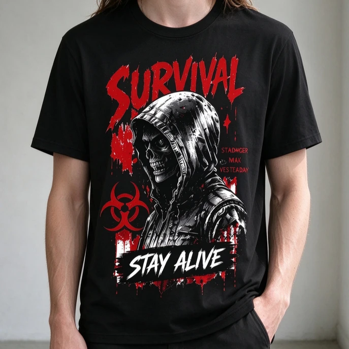 Survival Stay Alive Graphic T-Shirt, Skull Hood Biohazard Symbol Print, Dark Grunge Gothic Streetwear, Edgy Casual Urban Top