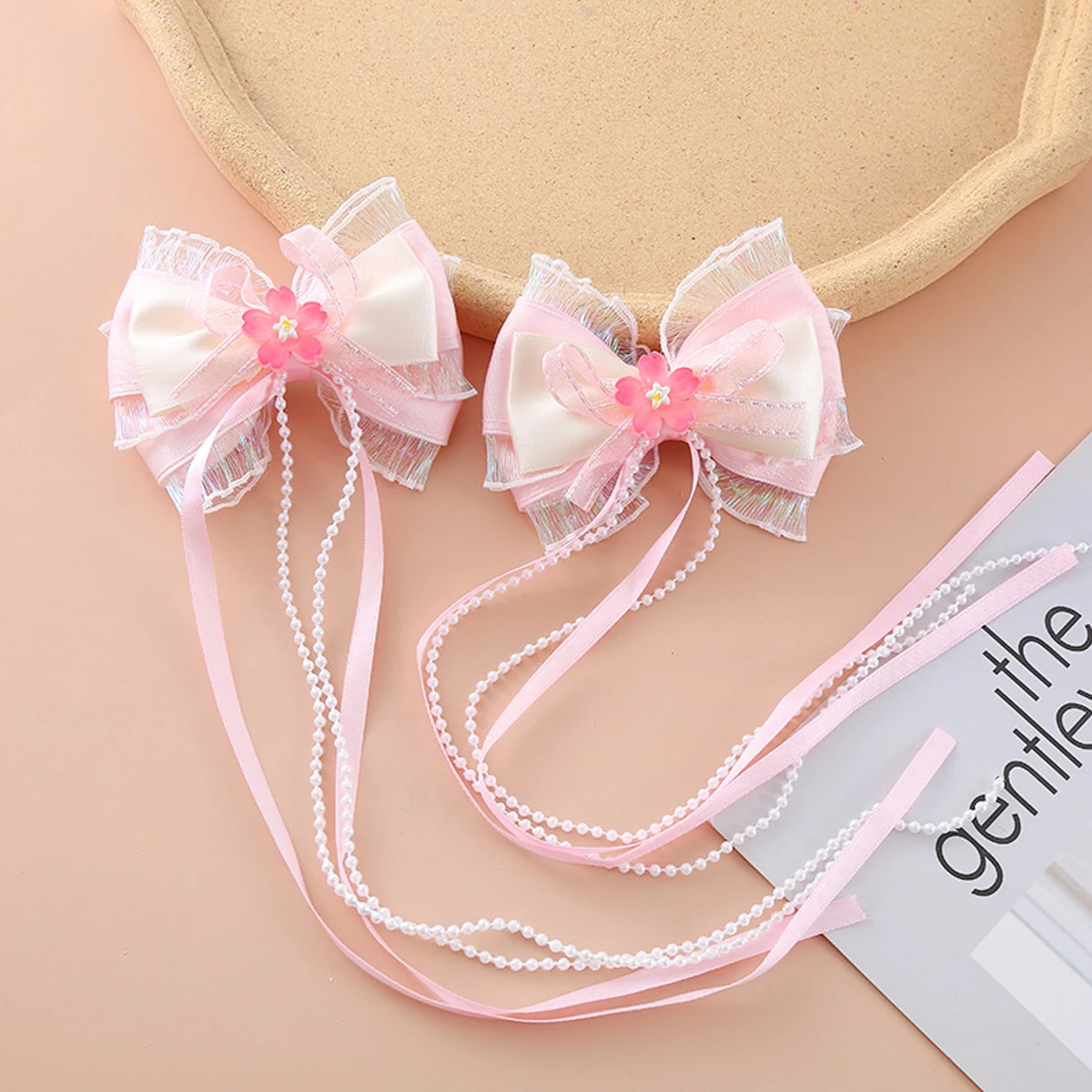 Long Ribbon Bow Hair Clip Sakura Princess Hair Clip Sweet Pearl Tassels Duckbill-clip Lolita Hair Accessory for Girl