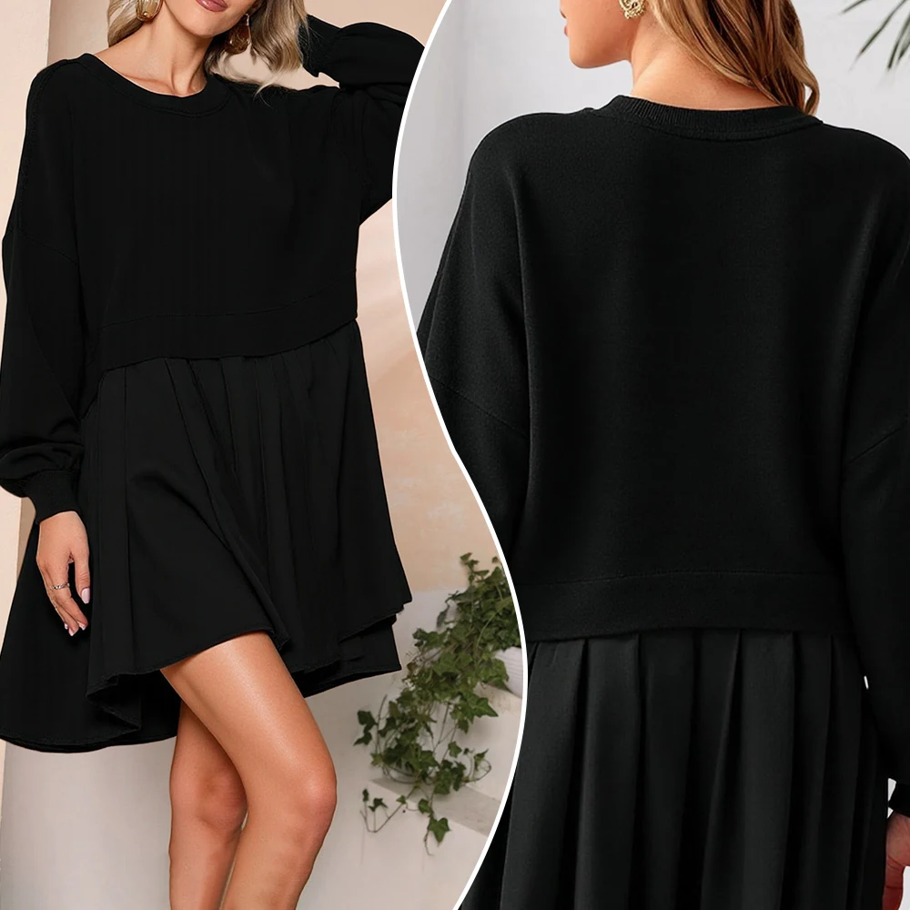 Women's Flowy 2025 Autumn Essential Dress with Beautiful Hem Comfortable Crew Neck Long Sleeve Design Daily Dress