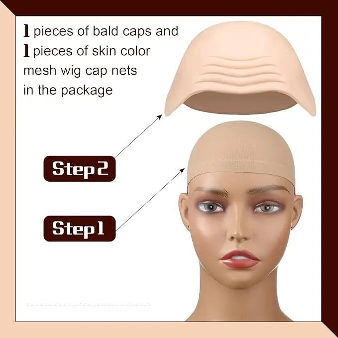2 Pieces Latex Bald Cap with Nylon Wig Caps Set Makeup Bald Head Wig Cap Halloween Cosplay Costume for Adults view 3