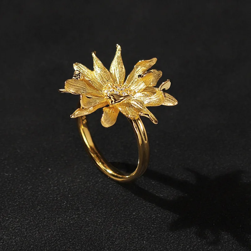 Amxiu Sterling Silver 925  Sunshine Dancer  Chrysanthemum Yading Light Luxury High-End Floral Open Ring