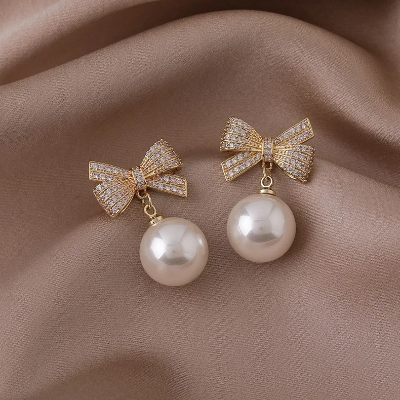 fsahion crystal bow knot drop earrings for women exquisite red pearl bowknot earring party christmas new year jewelry gifts