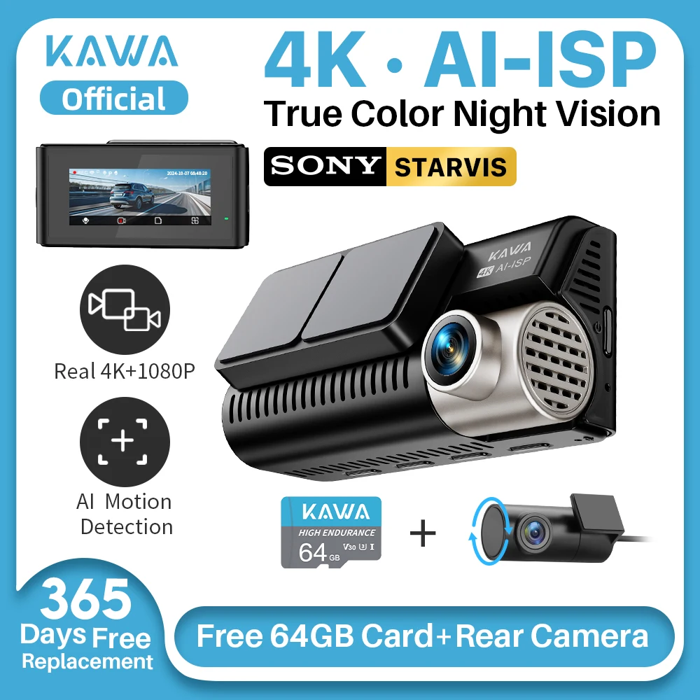 

KAWA D11 Front and Rear Dash Cam 4K WiFi Car DVR GPS Video Recorder AI-ISP Color Night Vision Motion, Sony Starvis Dashcam
