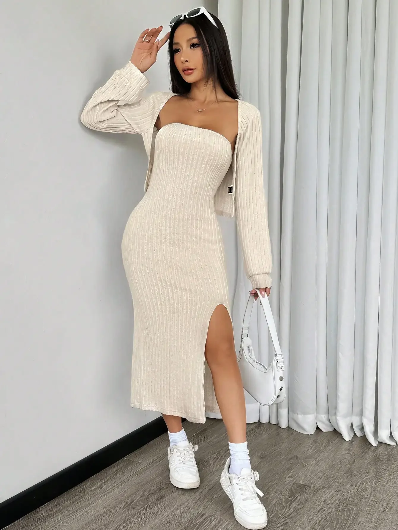 Effen bodycon-jurk met asymmetrische zoom en open jasje aan de voorkant, pure kleur open split, strakke pasvorm jurk en open jas aan de voorkant