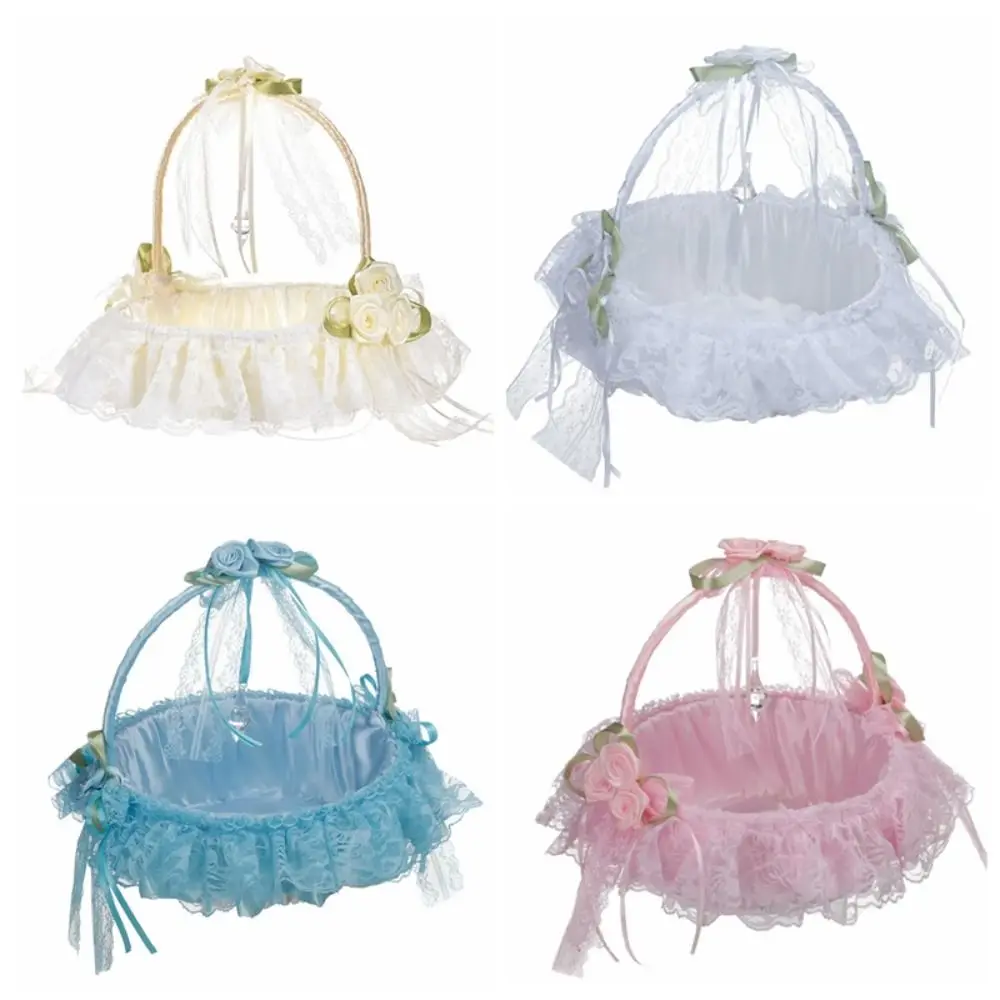 Ribbon Bow Wedding Lace Flower Basket Rose Flower Pearl Handle Satin Bow Hanbag Tote Bag Paper Rope Weaving Flower Girls Basket