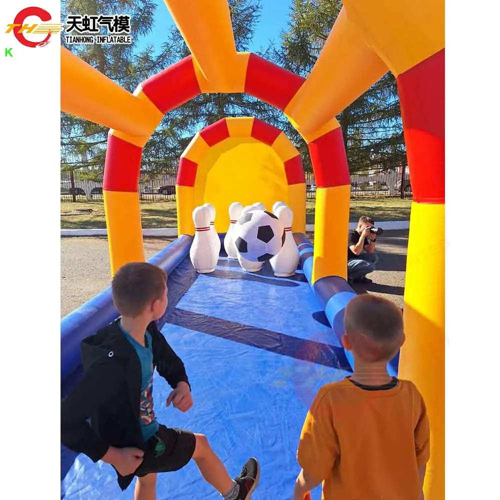 3x7x3mH comercial enorme inflável futebol boliche jogo de tiro aluguel ao ar livre pinos de boliche infláveis e bolas brinquedos de carnaval
